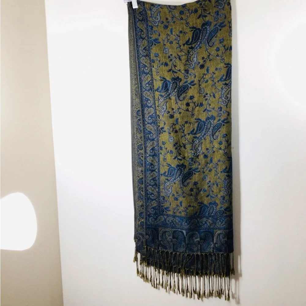 pashmina Olive Green and Navy Blue Paisley Fringe Wrap